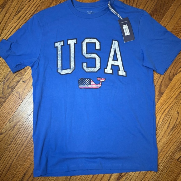 NWT Vineyard Vines Men’s USA Flag Whale Short-Sleeve Tee, Blue Wave color, S. - Picture 2 of 5